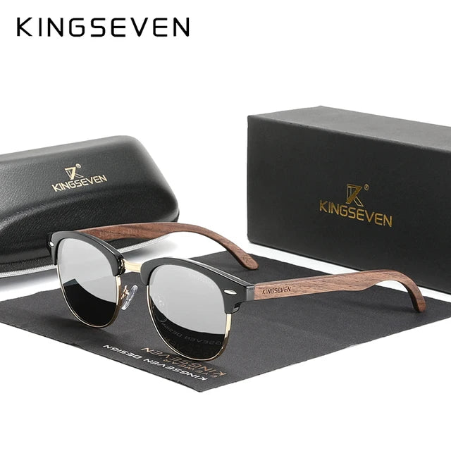 KINGSEVEN Handmade 2023 Black Walnut Wooden Sunglasses Men Polarized UV400 Protection Semi-Rimless Retro Eyewear Women Oculos