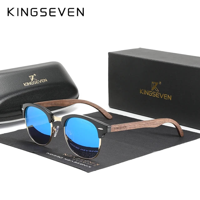 KINGSEVEN Handmade 2023 Black Walnut Wooden Sunglasses Men Polarized UV400 Protection Semi-Rimless Retro Eyewear Women Oculos