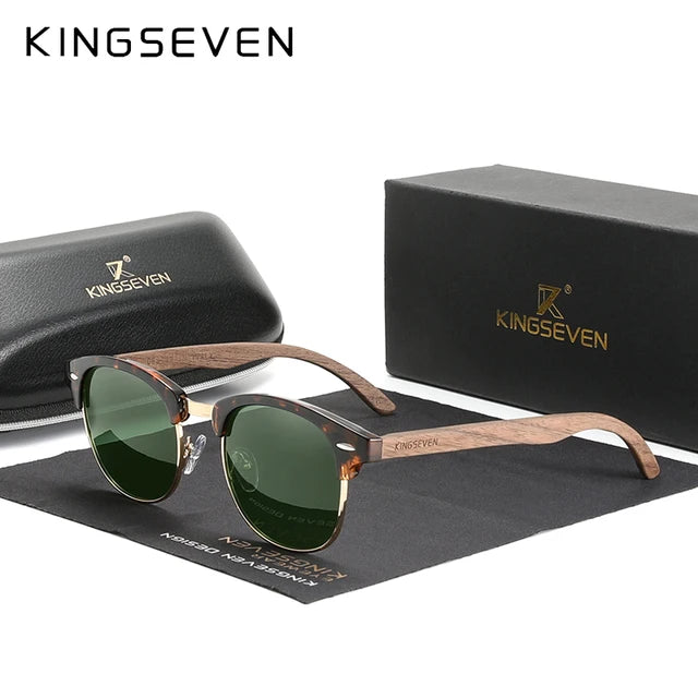 KINGSEVEN Handmade 2023 Black Walnut Wooden Sunglasses Men Polarized UV400 Protection Semi-Rimless Retro Eyewear Women Oculos