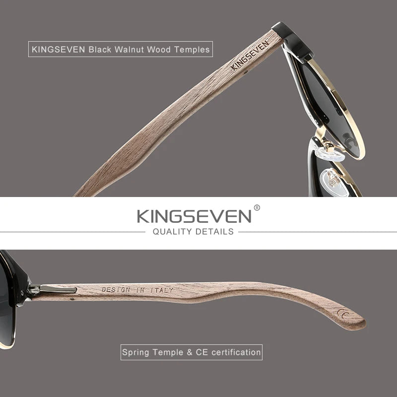 KINGSEVEN Handmade 2023 Black Walnut Wooden Sunglasses Men Polarized UV400 Protection Semi-Rimless Retro Eyewear Women Oculos