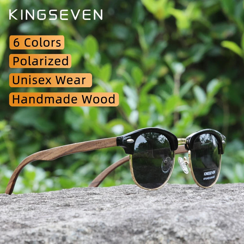 KINGSEVEN Handmade 2023 Black Walnut Wooden Sunglasses Men Polarized UV400 Protection Semi-Rimless Retro Eyewear Women Oculos