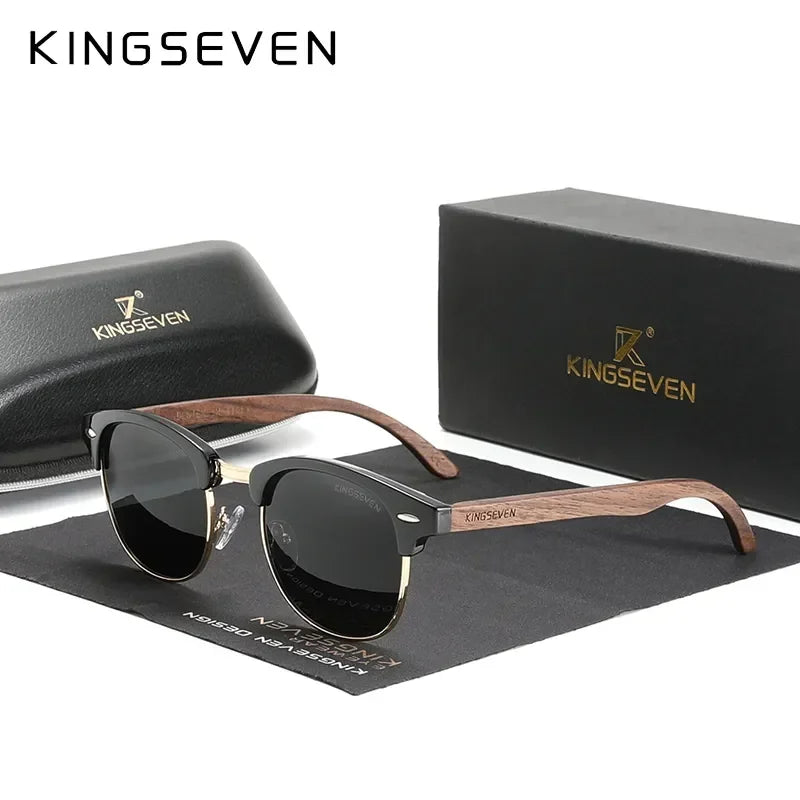 KINGSEVEN Handmade 2023 Black Walnut Wooden Sunglasses Men Polarized UV400 Protection Semi-Rimless Retro Eyewear Women Oculos