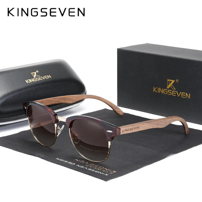 KINGSEVEN Handmade 2023 Black Walnut Wooden Sunglasses Men Polarized UV400 Protection Semi-Rimless Retro Eyewear Women Oculos